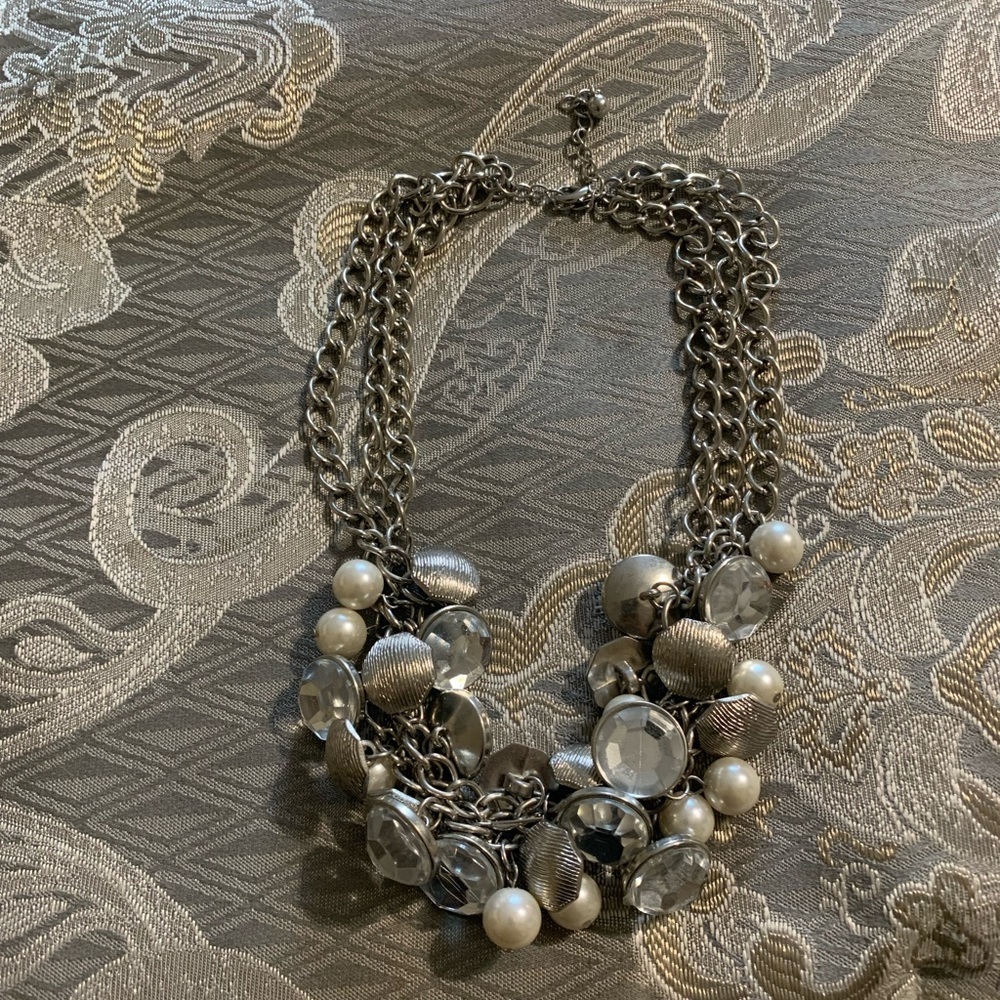 Statement Silver-Tone Necklace with Pearl and Crystal Accents